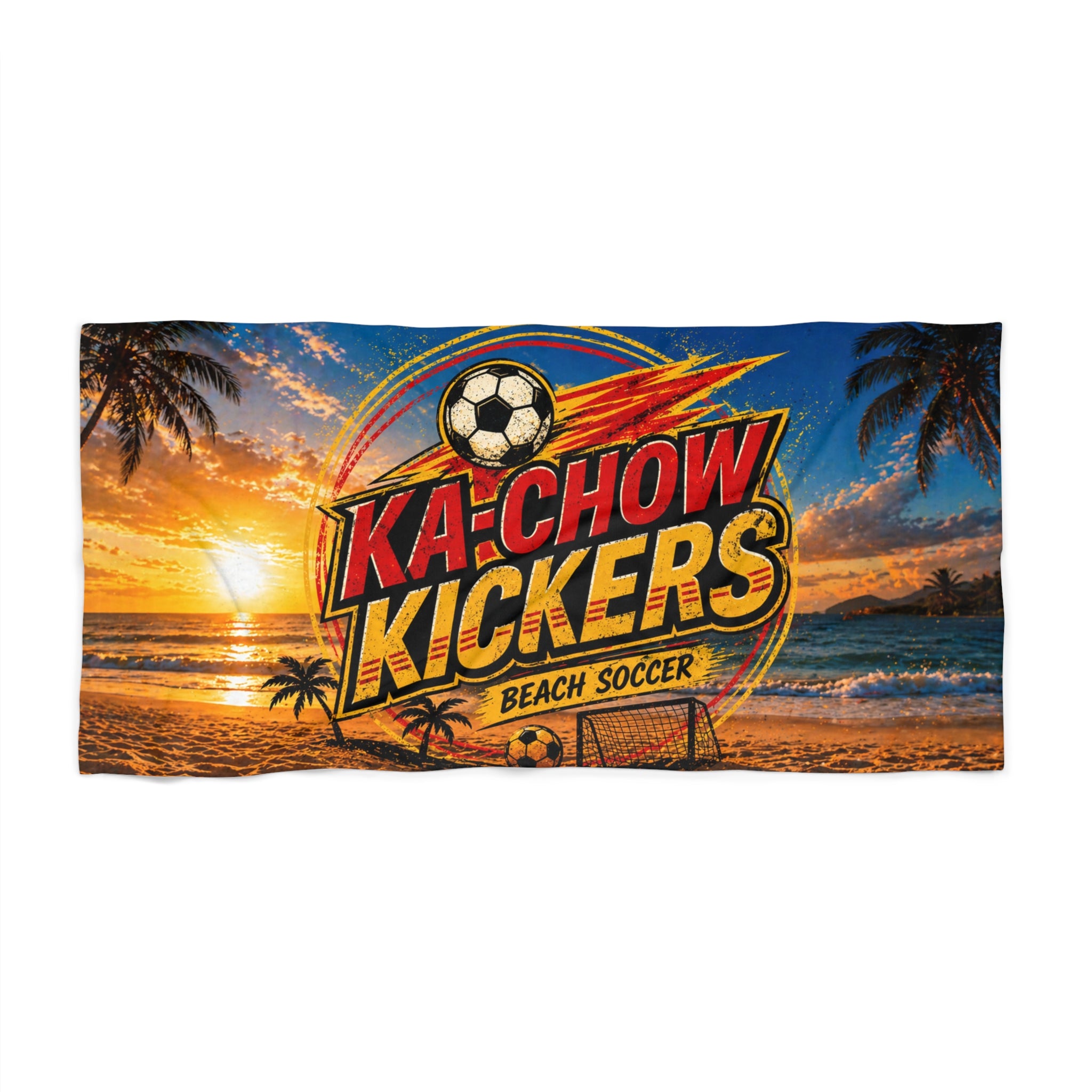 Ka-Chow Kickers Beach Towel – Retro Sunset Beach Soccer Design