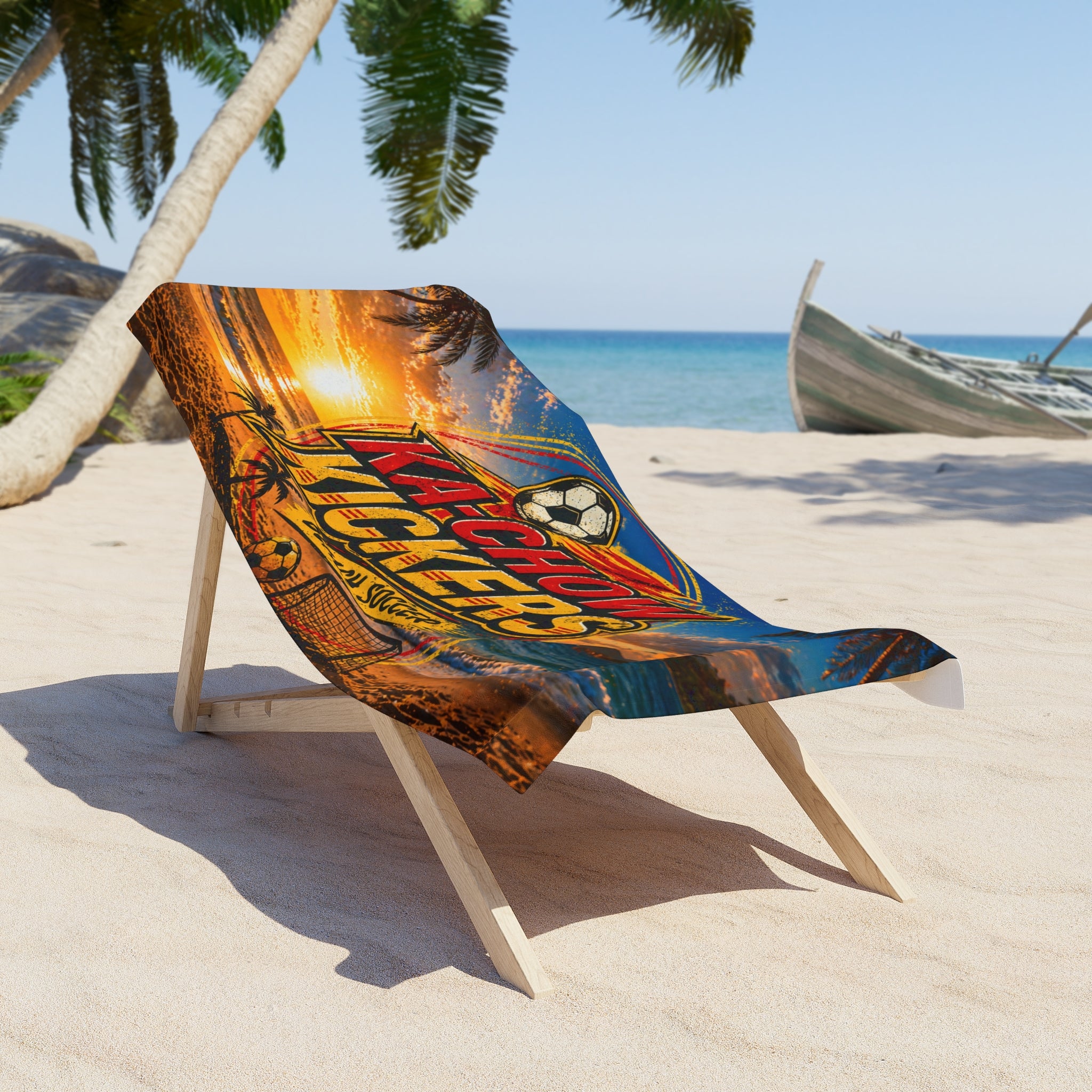 Ka-Chow Kickers Beach Towel – Retro Sunset Beach Soccer Design